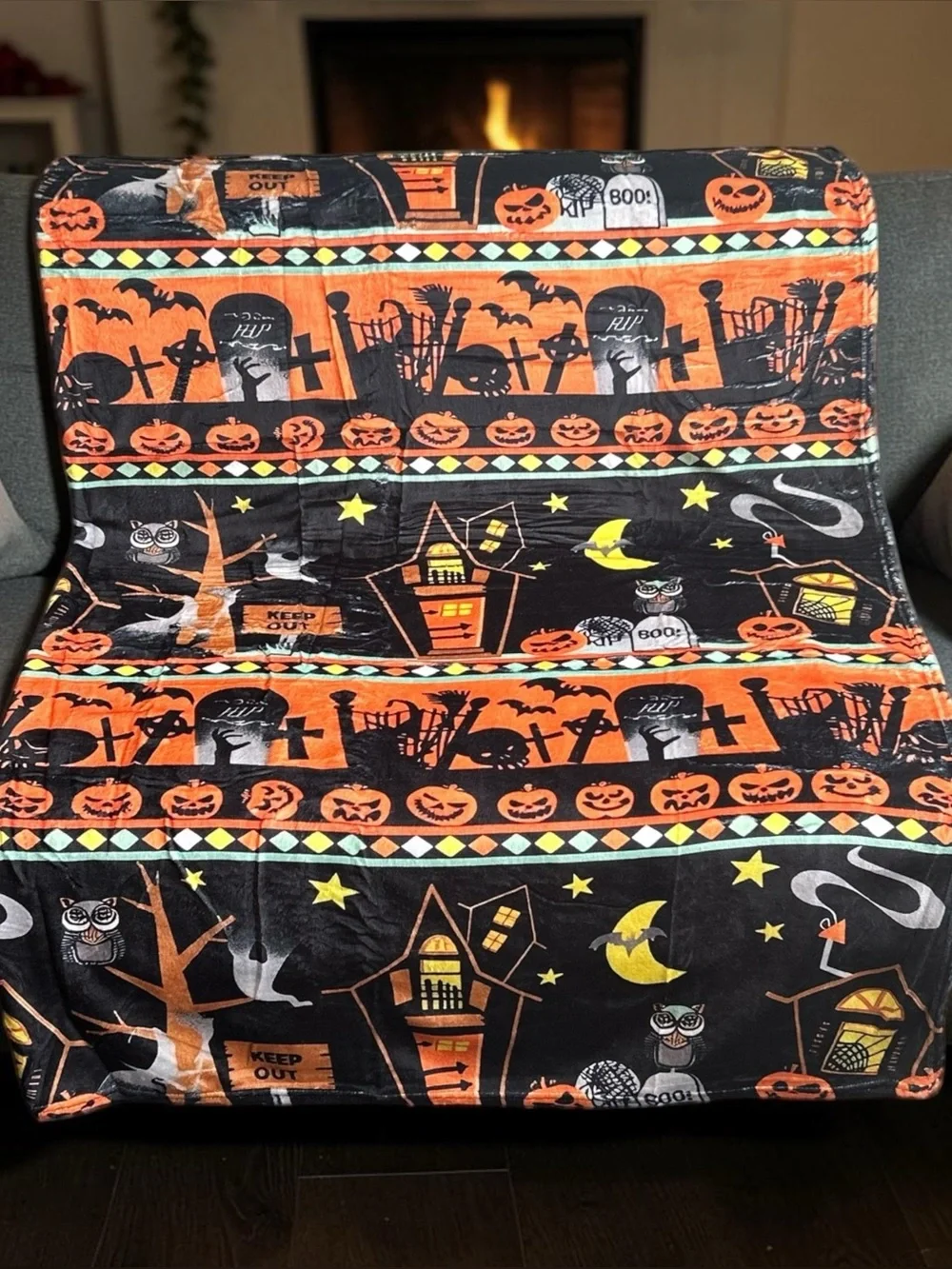Halloween Pumpkin Print Plush Throw Blanket - Black & Orange